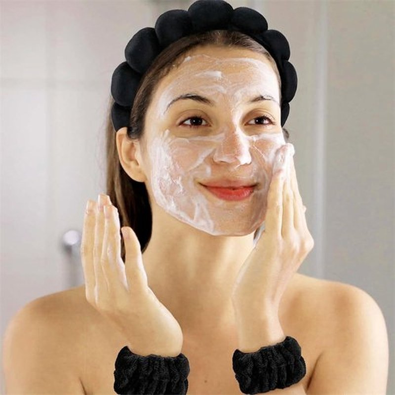 HKOVNE Spa Headband and Wristband Set for Women,Terry Cloth Sponge Headband for Washing Face,Makeup,Facial Mask and Skincare (Black,Pink, One Size)