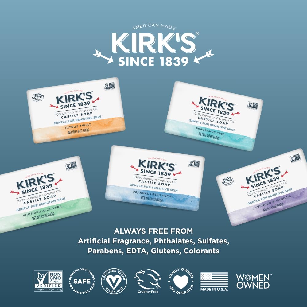 Kirk's Castile Bar Soap, Lavender & Vanilla - Clinically Tested, Safe for Sensitive Skin with Coconut Oil, Vegan and Non-GMO - 4 oz Bars, 6 Pack