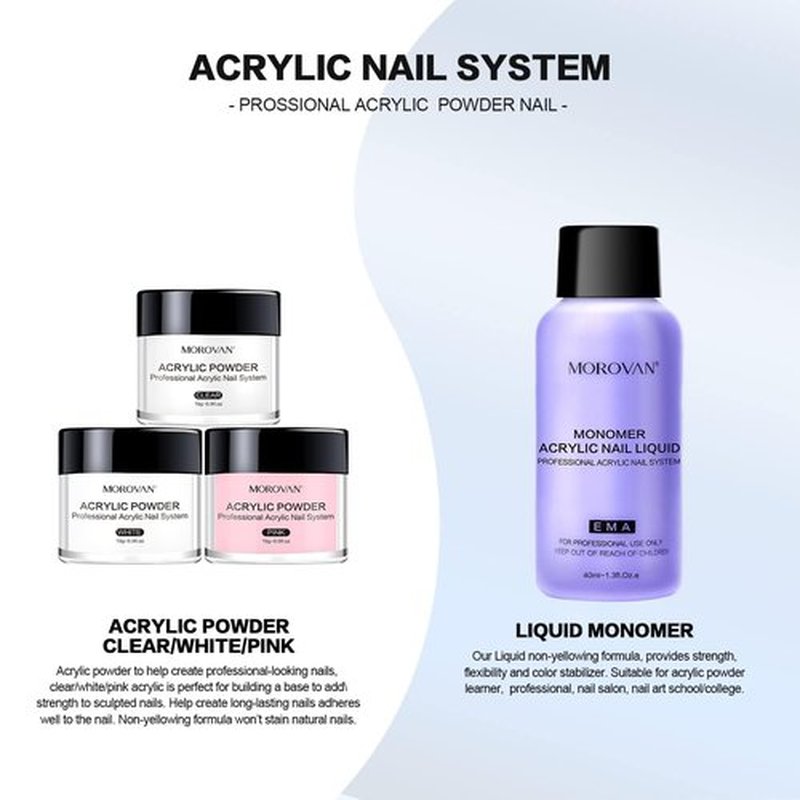 Morovan Acrylic Nail Kit: Clear Pink White Powder and Professional Liquid Set for Nail Extension - DIY at Home With Brush for Beginners
