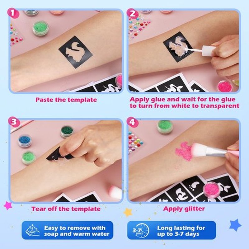 Temporary Glitter Tattoo Kids, Bledras 42 Glitter Colors Glitter Tattoo Kit,210 Unique Stencils,3 Glue,5 Brushes,6 Stickers, Glitter Tattoos for Kids,Adults,Boys Girls Birthday Party Halloween