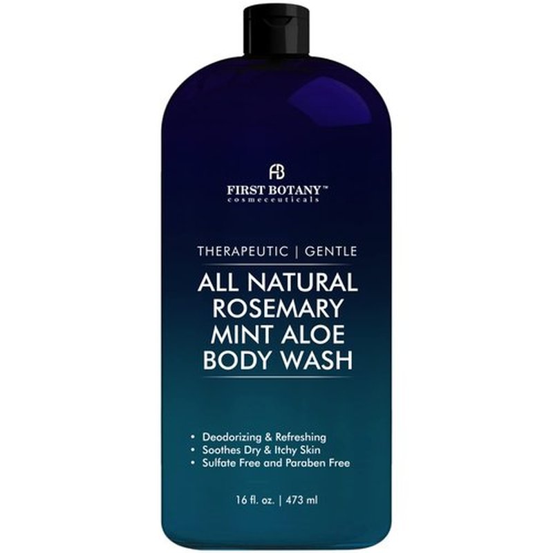 First Botany, ALL Natural Body Wash - Fights Body Odor, Athlete's Foot, Jock Itch, Nail Issues, Dandruff, Acne, Eczema, Shower Gel for Women & Men, Skin Cleanser -16 fl oz (Rosemary Mint)