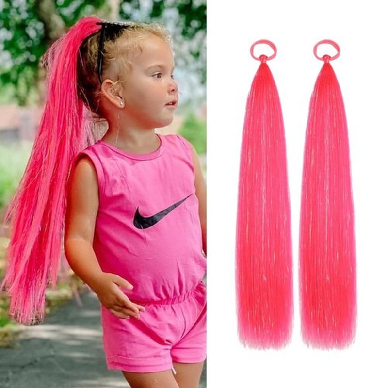 Hot Pink Girls Hair Accessories Tinsel Ponytail Extensions for Women, Braiding Synthetic Hair Pieces With Rubber Band Pony tail Daily Party Festival Rave Wacky Crazy Hair Extensions 20 inch