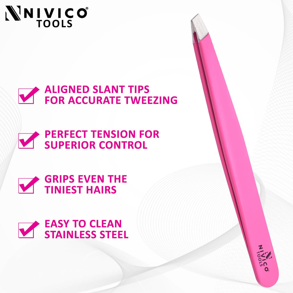 NIVICO Professional Slant Eyebrow Tweezers – Precision Stainless Steel Tweezers for Ingrown & Facial Hair Removal, Salon Quality Brow Shaping for Men & Women (Pink)