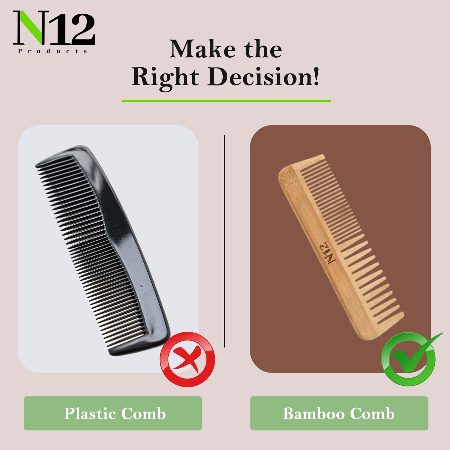 N12 Set of 3 Handmade Natural Bamboo Wooden Comb with Fine Wide Tooth, 17.5 cm - Eco-Friendly Anti-Frizz Detangler for Straight, Wavy, Curly Hair of Women, Men, Wood Birth Comb for Labour Pain