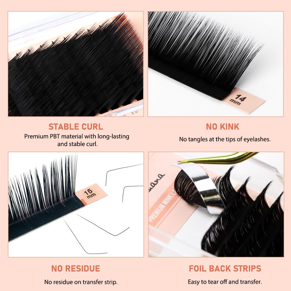 NATUHANA Classic Eyelash Extensions L Shaped Volume 0.10 L Curl Thickness 8-15mm,Matte Black Individual Eyelashes Tray Professional Supplies for Lash Techs(0.10-L,8-15 Mix)