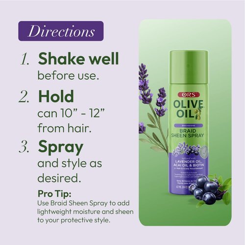 ORS Olive Oil Braidzone Braid Sheen Spray with Lavender, Acai & Biotin for Hair & Scalp Nourishment 10 Ounces (1)