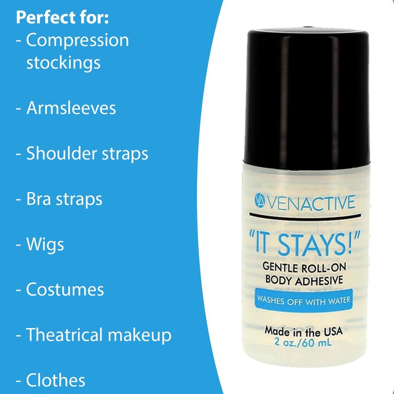 VenActive It Stays Body Glue - Gentle Roll-On Body Adhesive for Support Stockings, Armsleeves, Shoulder Straps, Bra Straps, Wigs, Costumes, Theatrical Makeup - 2 oz Roll-On