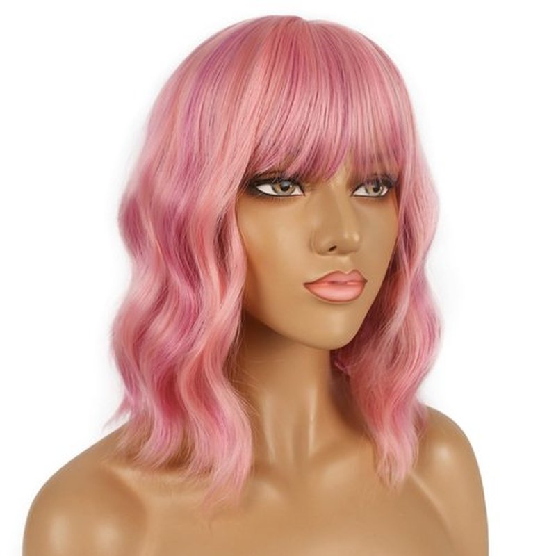 LANCAINI Short Bob Wigs with Bangs for Women Loose Wavy Wig Curly Wavy Shoulder Length Bob Synthetic Cosplay Wig for Girl Colorful Costume Wigs (Lovely Pink)