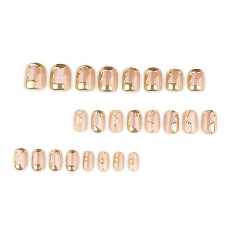 CUZIAM Gold Press on Nails Short Square – Soft Gel Nude Cat Eye Glitter Sparkle Fake False Nails with 3D Gold Lines Design for New Year Winter, Full Cover Stick on Nail with Glue for Women,24PCS