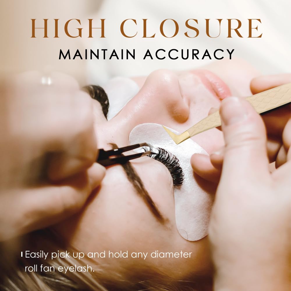 Beeutemaker Beige Fiber Tip Lash Tweezers for Eyelash Extensions – L Shape 90-Degree for Volume Fan Making, Professional Precision Lash Extension Tweezers