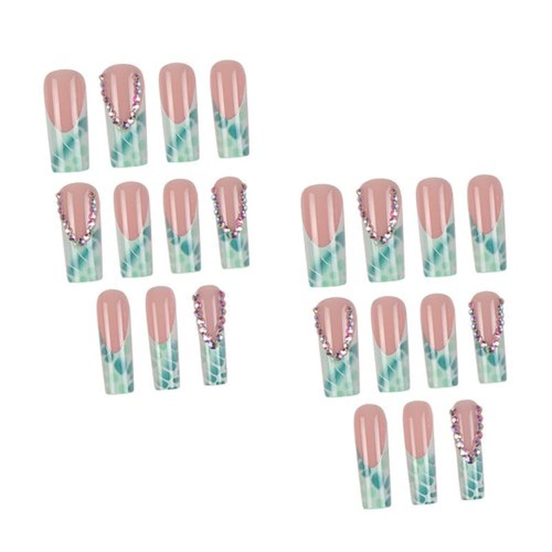 IMSOHOT Long Square Press on Nails Green Crocodile Print French Tip Fake Nails with Rhinestone Designs Full Cover Glossy Acrylic False Nails for Women 24Pcs
