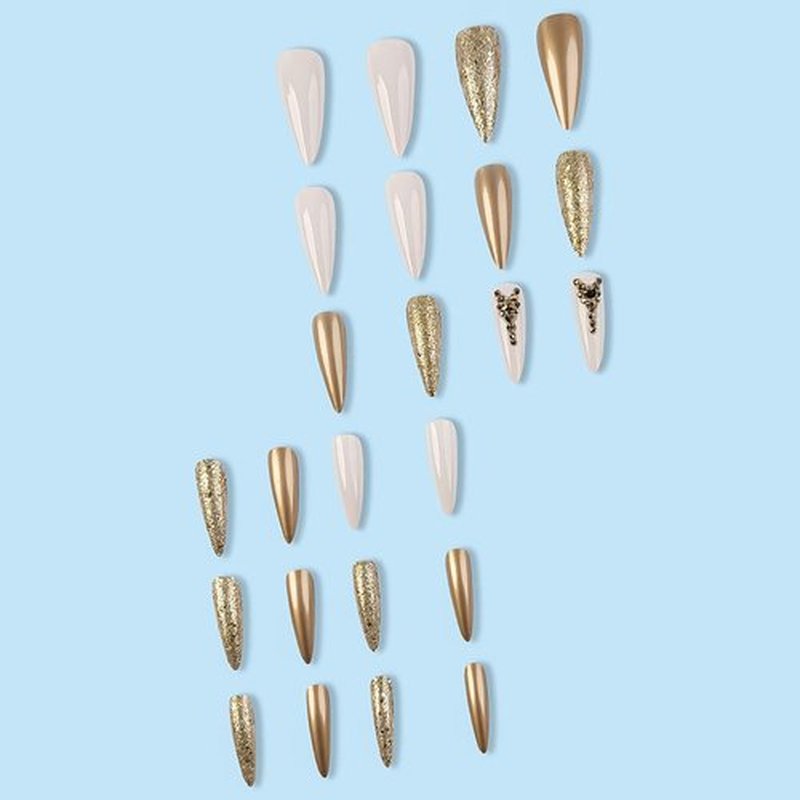 Rchosvam xl Almond Press on Nails Long Stiletto Shape Fake Nails Press Ons Gold Chromese Design False Nails Gold Rhinestones Stick on Nails Full Cover Artificial Nails Gift for Womens 24pcs