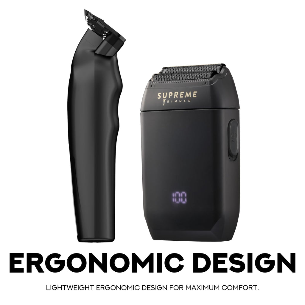 Supreme Trimmer Vader Trimmer & Crunch Foil Shaver Barber Haircutting Kit | Professional DLC T-Blade Beard Trimmer & Waterproof IPX6 Shaver Set | Black Lite