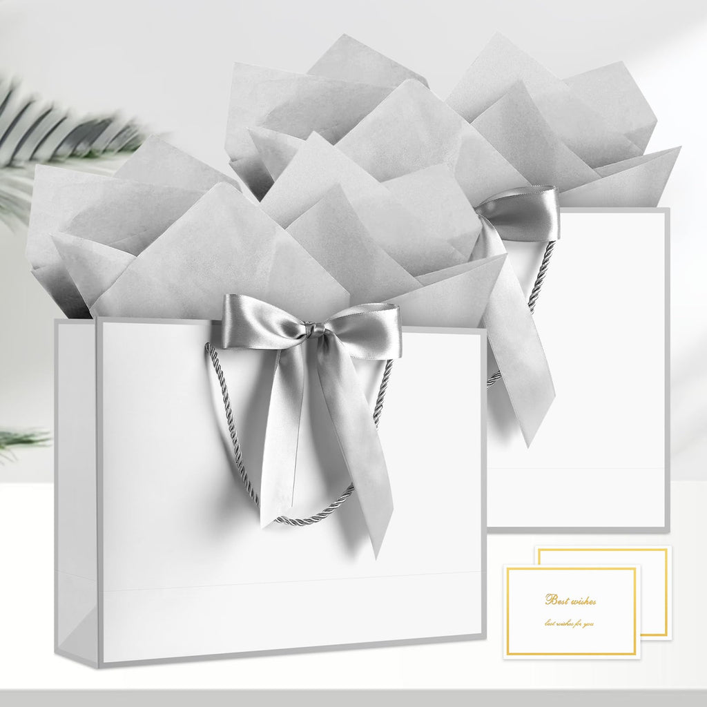 JMANNI Gift Bags with Handles, 13” Medium Gift Bag for Presents, 1 Pcs Bags with 2 Tissue Paper and 1 Cards for Baby Shower Wedding Bridal Shower Mother's Day Birthday Party (Silver)