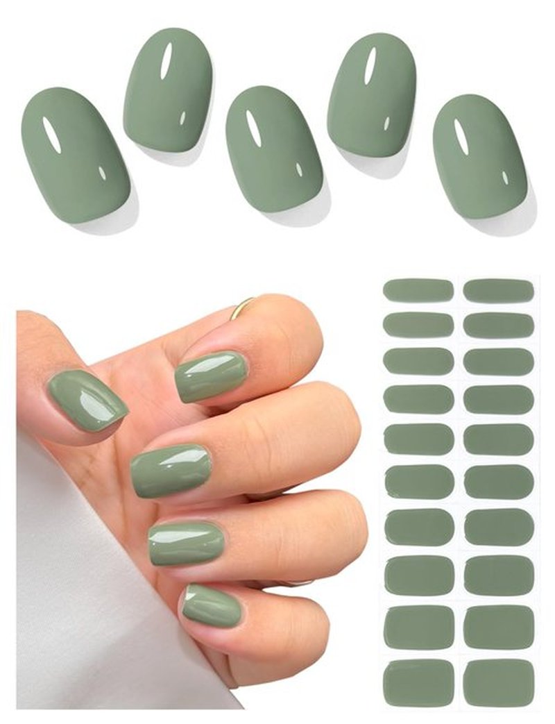 AutyaMee Semi Cured Gel Nail Strips (Army Green), 20 Pcs Gel Nail Wraps, Stickers, Salon Quality, Long Lasting, Works with Any Lamps