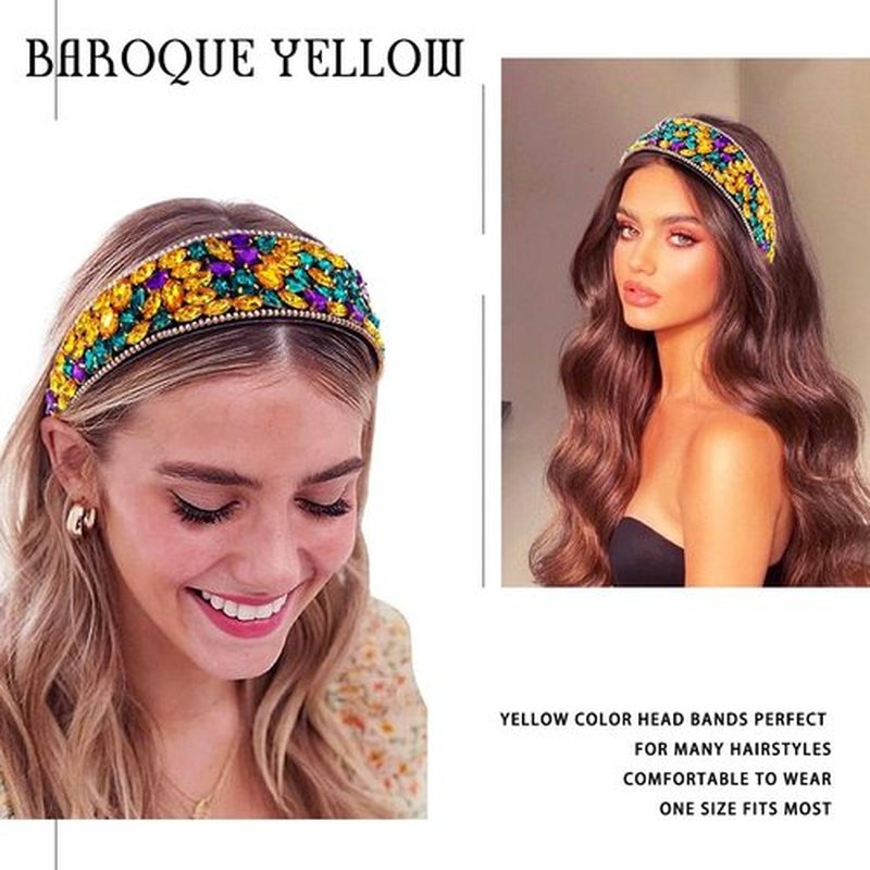 Coridy Rhinetsones Pearl Headbands Purple Wide Hairbands for Women with Beaded Baroque Bejewelled Embellished Headband for Party Birthday (C-Yellow, normal)