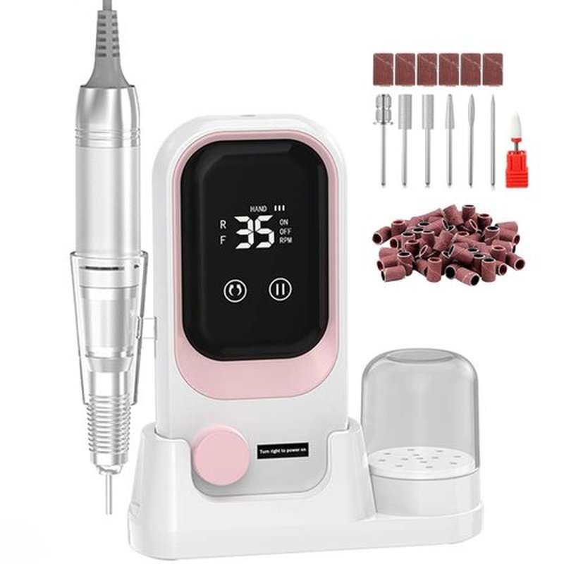 Portable Electric Nail Drill, 35000 RPM Professional Electric Nail File, Cordless Nail Drill with Bits & Base (White & Pink)