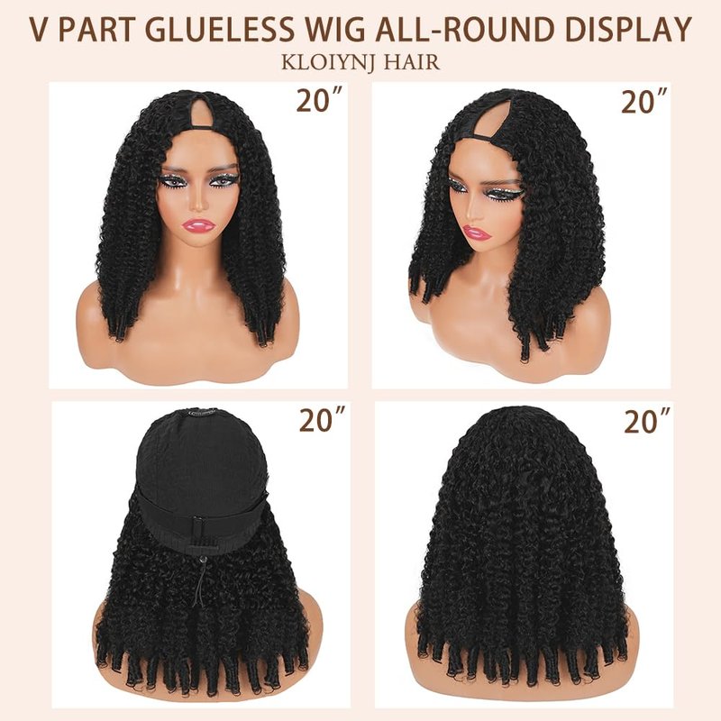 V Part Burmese Curly Wig Human Hair 200% Density Upgrade U Part Wig with Drawstring No Leave Out Glueless V Shape Full Head Clip In Half Wig Curly Human Hair Wig for Black Women Natural Color 16 Inch