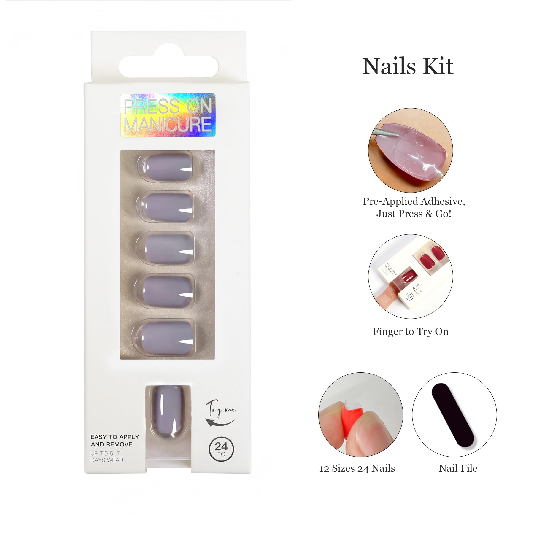 ZANVIA Press On Nails Short Square - Dusty Purple No Glue Soft Gel Nail Kit For Women, Instant Manicure Safe on Natural Nails, 24 Nails in 12 Sizes with File