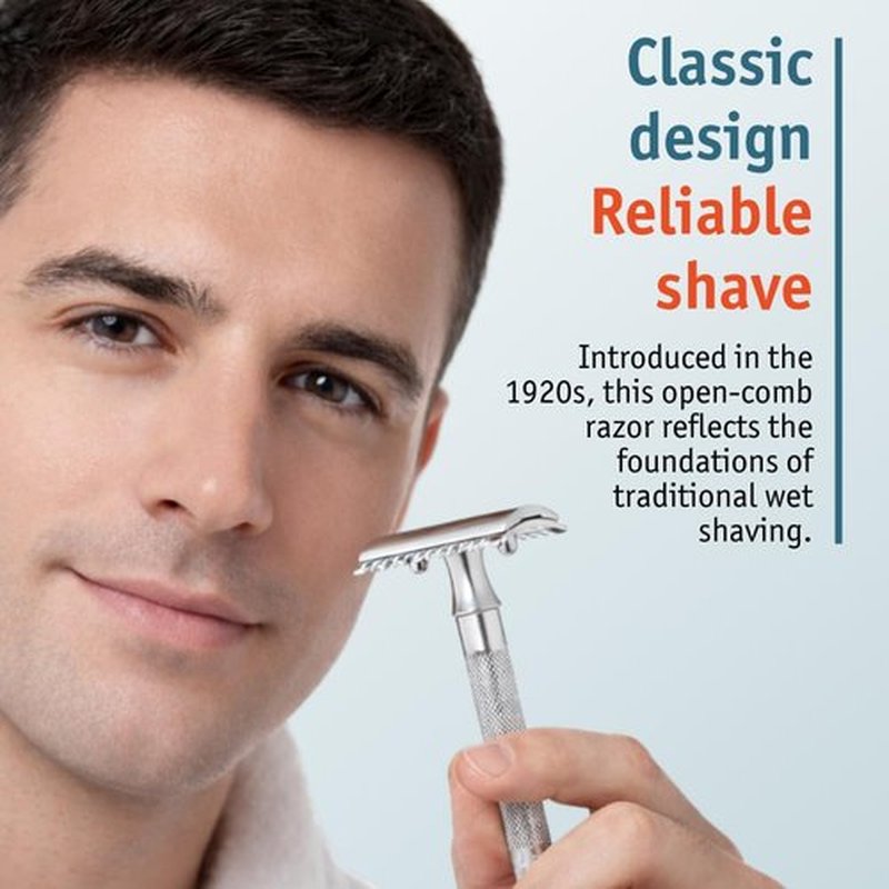 MERKUR 25C Double Edge Safety Razor - Bright Chrome, Open Comb Design, Long Handle, Eco-Friendly