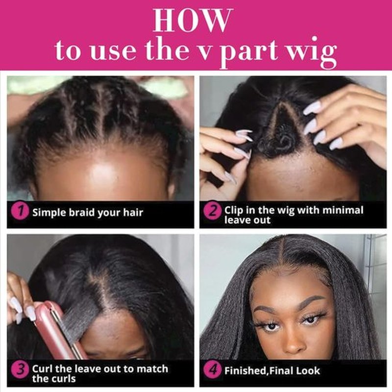 Larhali Kinky Straight V Part Wig Human Hair with Drawstring 200% Density Upgrade Glueless U Part Wig No Leave Out No Sew In V Part Wigs Kinky Straight Human Hair Wigs 18 Inch