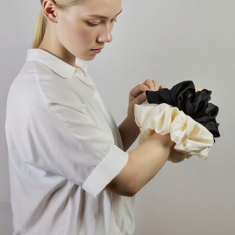 JGQUR Oversized Satin Scrunchies for Women - 2 Pack Extra Large Hair Ties Accessories, Big Silk-Like Ponytail Holders, No-Damage Elastic Bands for Thick Curly Hair, Black Beige