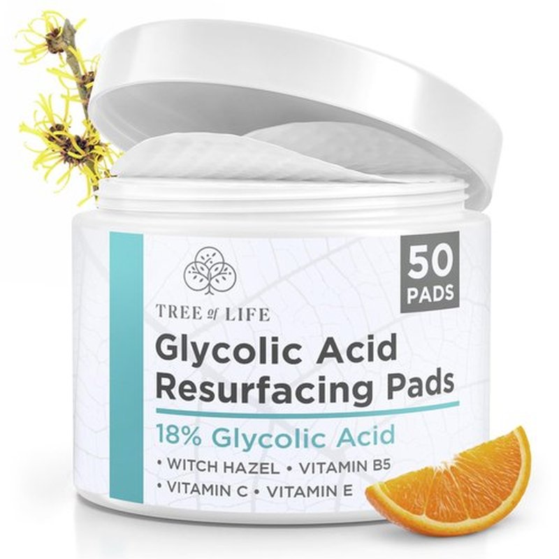 Tree of Life Beauty 18% Glycolic Acid Pads for Face (50 Pads) - Exfoliating Pad for Face with Witch Hazel, Vitamin C, Vitamin B5 and Vitamin E - Smooth Pore Pad Reduce Pigmentation and Fine Lines