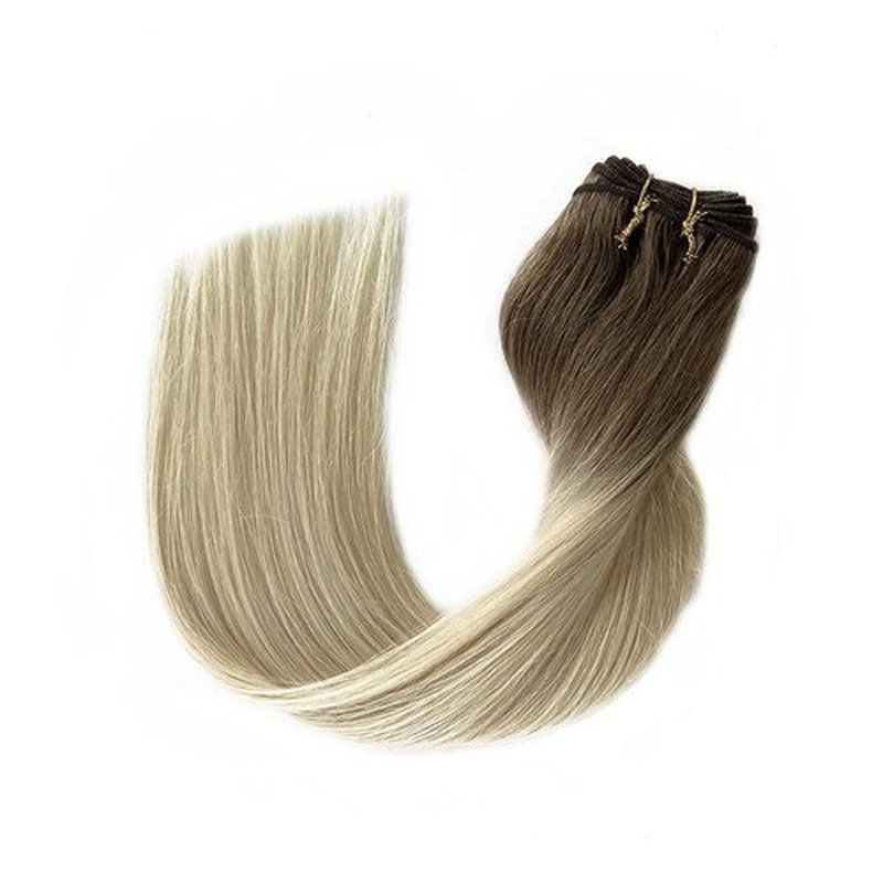 Sew in Hair Extensions Real Human Hair Ash Brown Highlighted Platinum Blonde Weft Hair Bundles Ombre 100G 22 Inch Hand Tied Human Hair Extensions