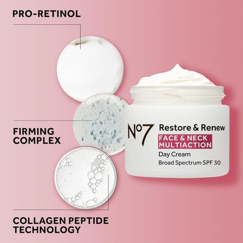 No7 Restore & Renew Multi-Action Face & Neck Cream - Anti-Aging Moisturizer with SPF 30 - Hydrates & Firms Crepey Skin - Enriched with Hyaluronic Acid, Peptides & Ceramides (1.69 Oz)