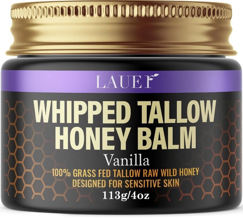Whipped Tallow Honey Balm Soft Smooth Skin Face 100% Grass-Fed Beef Tallow Body Butter Raw Honey All Skin Type Natural Vanilla Moisturizer for Eczema Rashes Dry Skin Sunburn Treatment for Women
