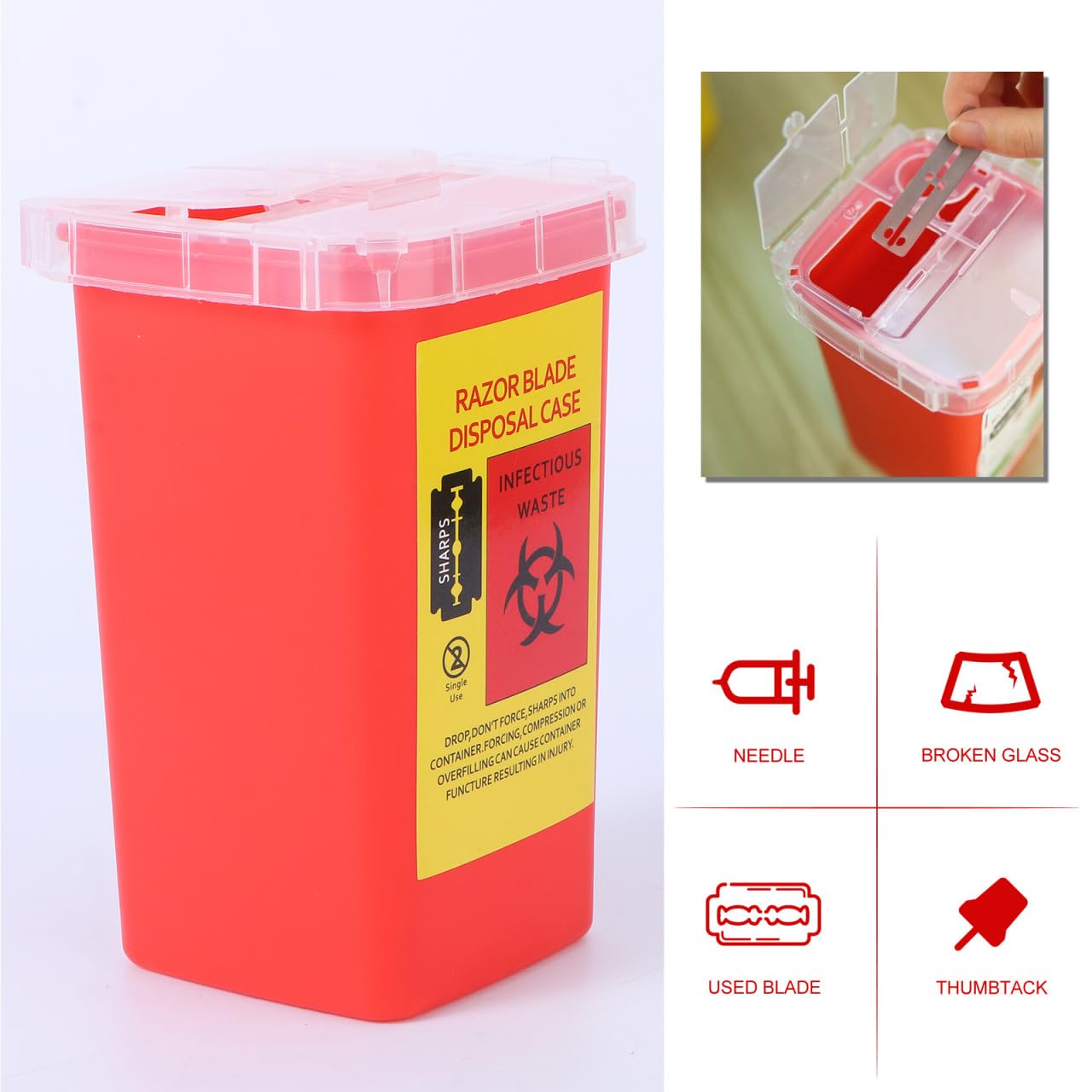 Minkissy Needle Disposal Containers Home, Razor Case Blade Recycling Box with Secure Lock Lid Compact Storage Container for Safe Used in Barbershop and Salon 6.06X3.74X3.74In