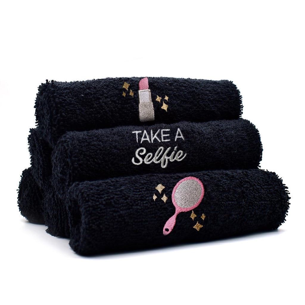 DAN River Black Makeup Towels - Pack of 6 (13x13 in) - Ultra Soft Cotton Face Towels with Embroidery - Reusable, Quick-Dry & Machine Washable Makeup Remover Cloths for Bathroom, Spa & Salon