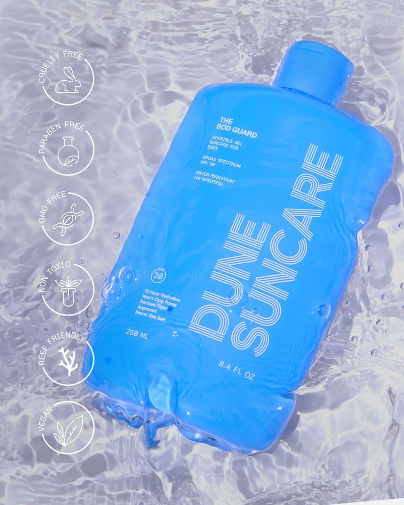 DUNE The Bod Guard Invisible Gel Body Sunscreen SPF 30, Broad Spectrum Sun Block, Clear No White Cast Sunscreen, 72 Hour Hydration, Water Resistant, Reef Friendly, Non-Greasy Body Sunscreen, 8.4 Fl Oz