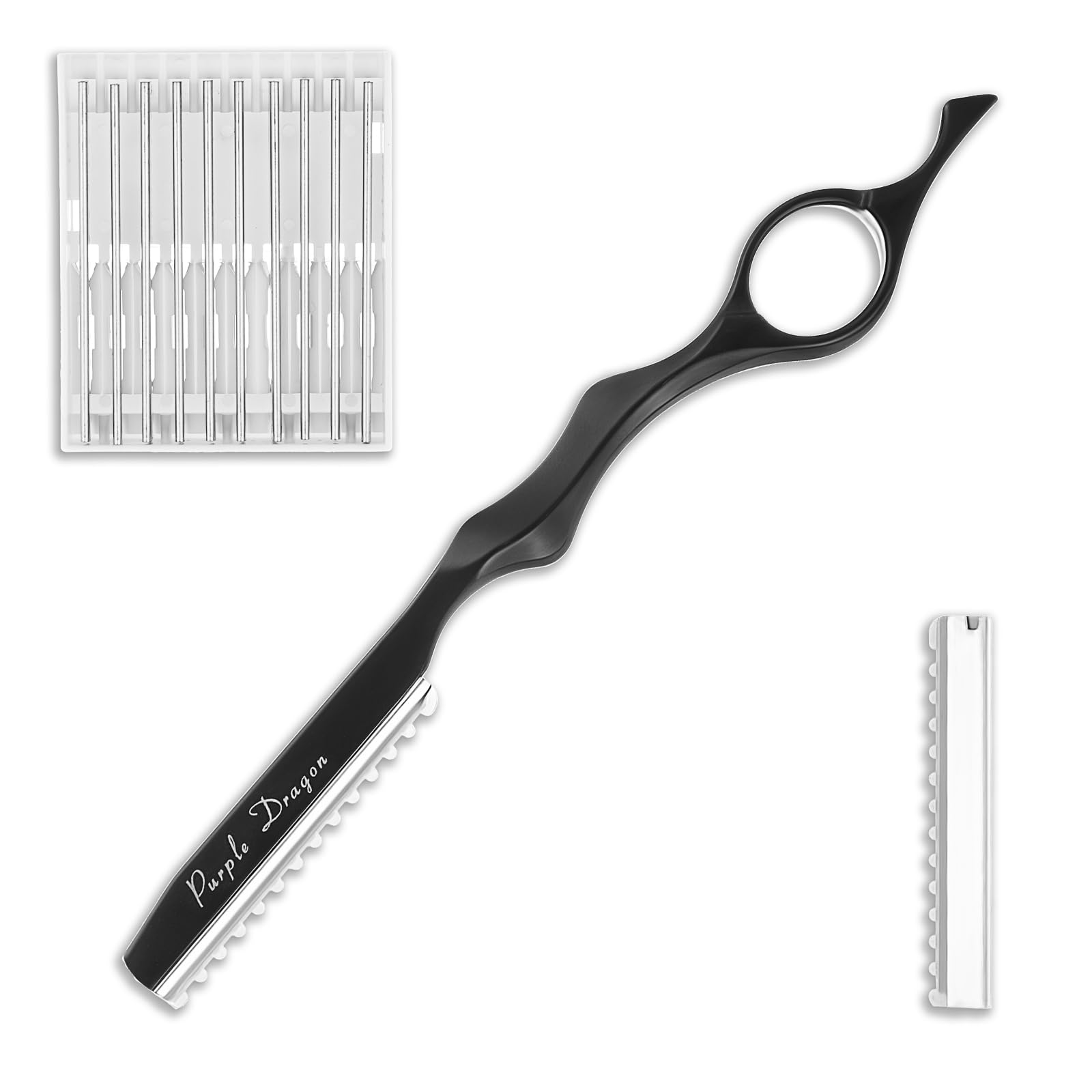 Hair Razors for Cutting, 6.89" Stainless Steel Hair Thinning Razor Kit with 10Pcs Replacement Blades, Professional Styling Texturizing Cutting Razor Tool for Salon and Home(Black)