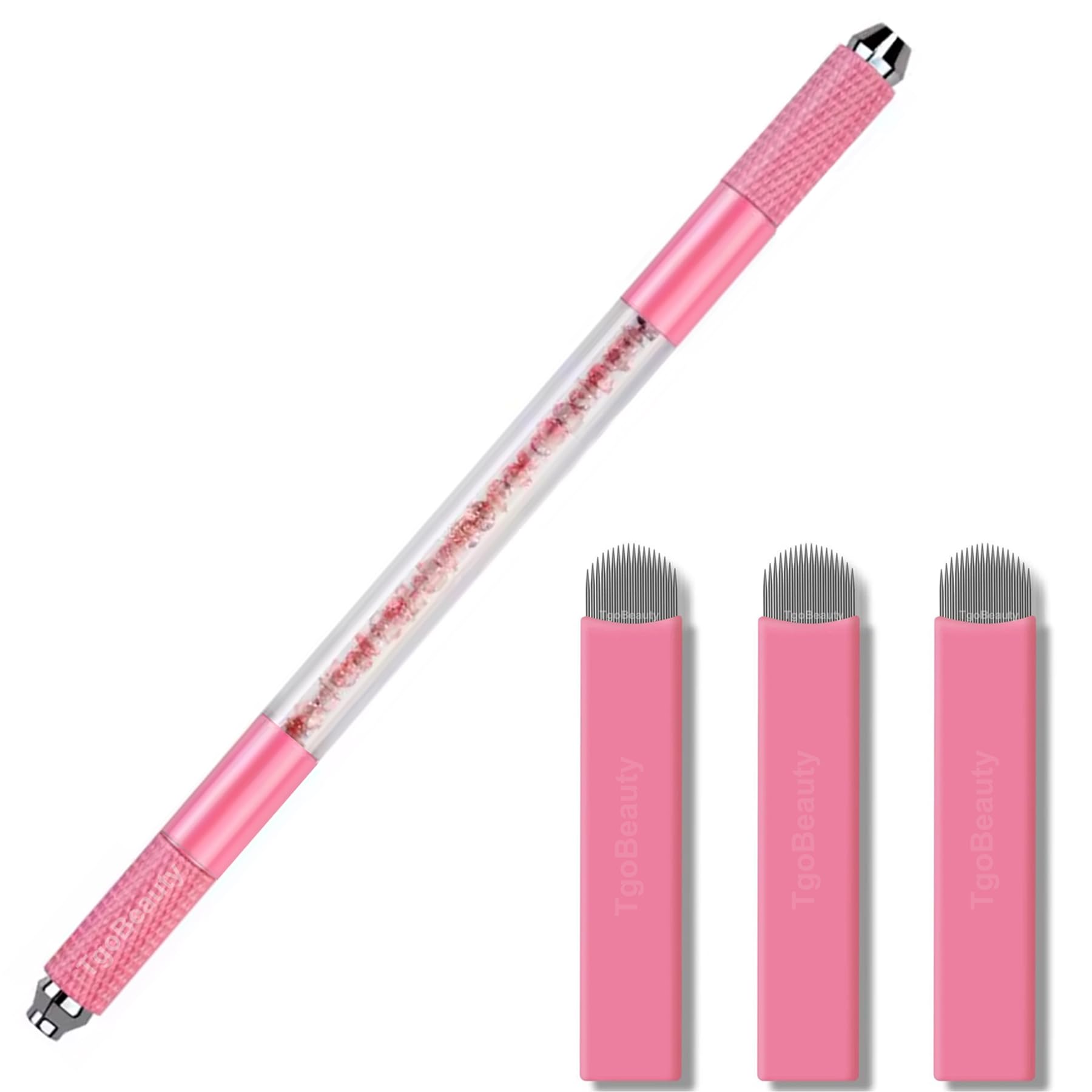 TgoBeauty Pink Microblading Double End Crystal Tattoo Manual Pen Semi PMU Handle with 10pcs 0.15mm U18 Microblading Needles Blade for Eyebrow Permanent Makeup Beauty (Pink Pen+10pcs 0.15mm U18 Blades)