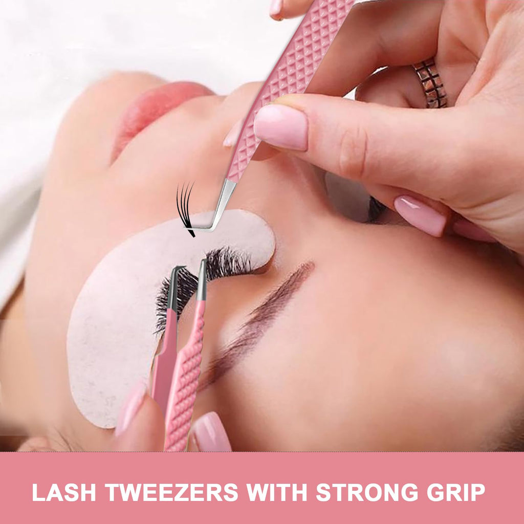 Zahwaj Fiber Tip Lash Tweezers for Eyelash Extensions with Diamond Grip, Set of 4 Precise Tips Japanese Steel for Classic, Volume & Mega Volume Lashes, Ideal for Lash Artists
