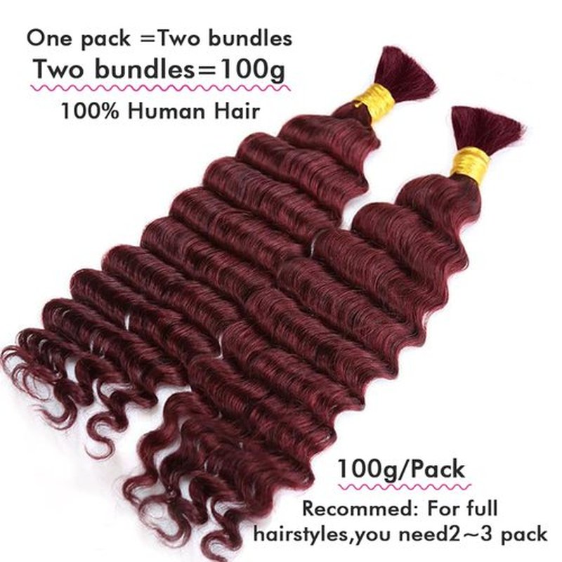 99J Burgundy Human Braiding Hair Deep Wave Boho Braids Human Hair Wet and Wave Bohemian Ginger Curly Knotless Braiding Hair Extension 2 Bundles 105g