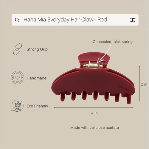 Luxury Red Claw Clip for Women | Our Acetate Red Hair Clip Feels Light, Looks Smooth and is Easy to Wear | Use for easy Half Ups with No Snagging and a Secure Grip in our Large Four Inch Size