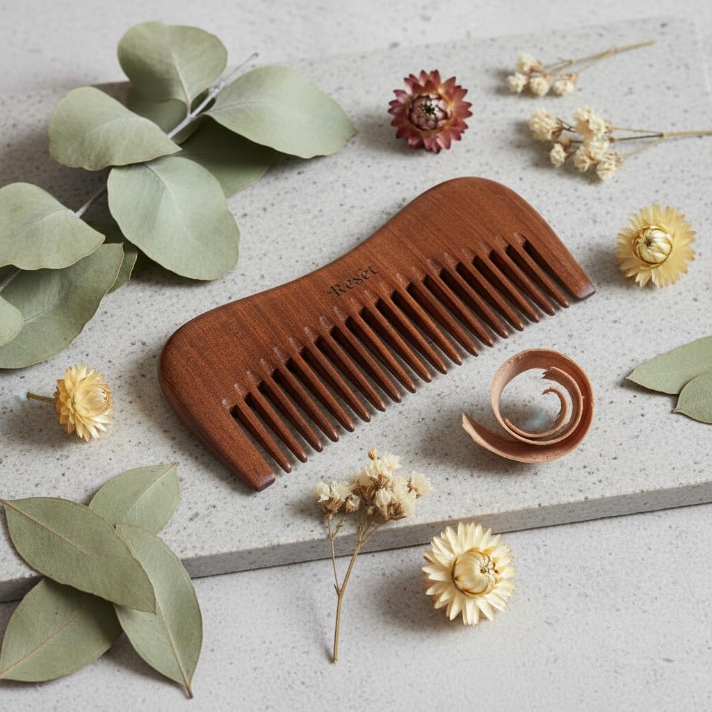 Resèt 100% Natural Handmade Sandalwood Comb | Soft Wide Tooth Wooden Comb for Wet and Dry Hair | Eco-Friendly Anti-Static Wooden Massage Comb | Wooden Hair Detangler for Men and Women