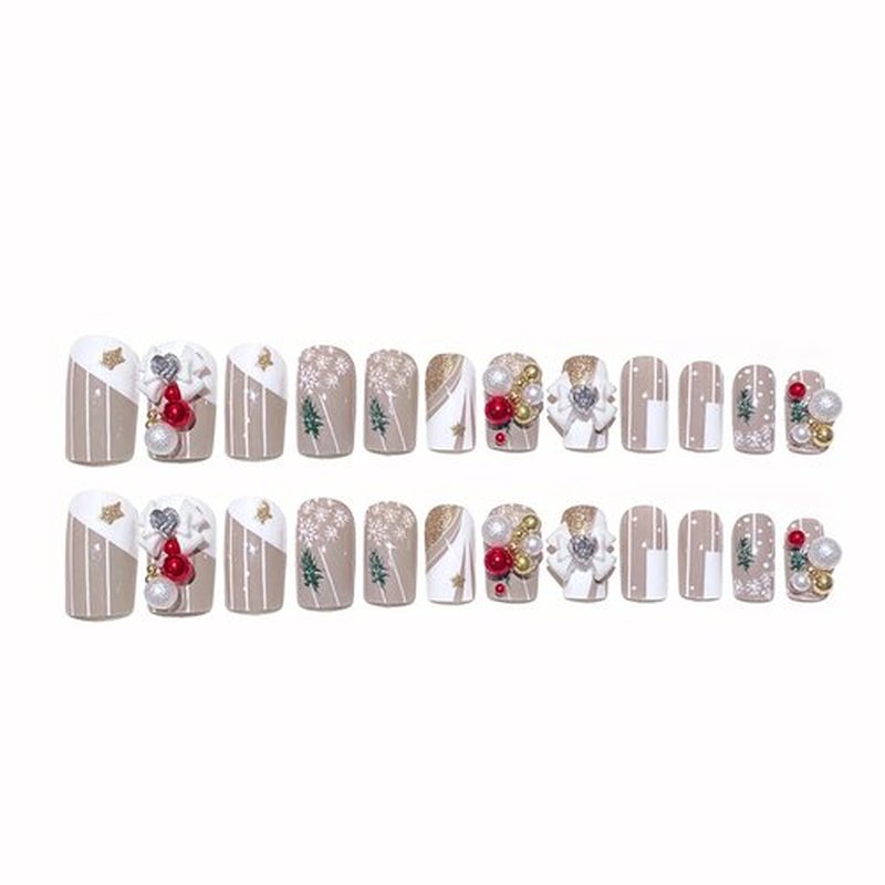 KKUUOO Medium Christmas Fake Nails Handmade Press on Nails Gold Glitter & Bow Design False Nails Pearl Press on Nails Full Cover Stick on Nails Glossy Acrylic Nails for Women and Girls 24Pcs