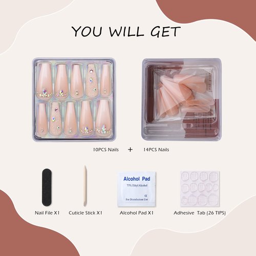 MqpQ Luxury Ombre Pink Press On Nails Rhinestones Long Coffin Colorful Caviar Fake Nails 24pc Glossy Full Cover False Nails For Women