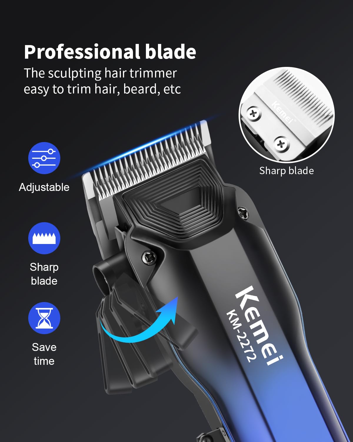 KEMEI KM-2272 Professional Hair Clippers for Men, Cordless Barber Clippers, Electric Clipper for Men Haircut, USB Type C Rechargeable Up to 200 Min Usage with LED Display