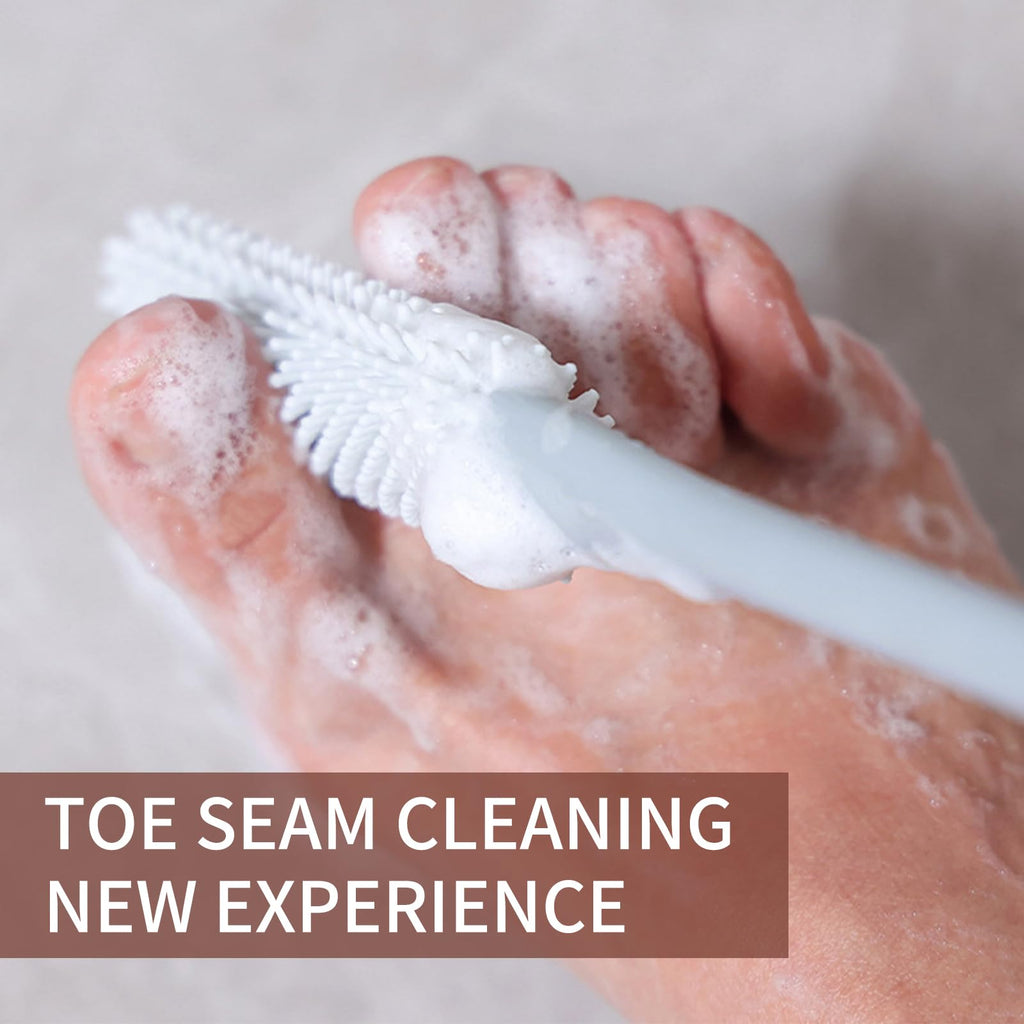Long Handled Silicone Toe Cleaner, Soft Rubber Brush, Exfoliating Foot Scrubber for Shower - Seniors, Men and Women (Gray)