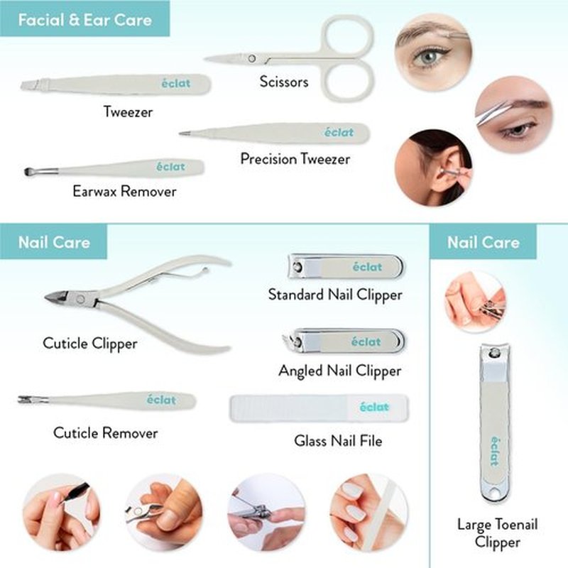 Éclat Manicure Pedicure Kit for Men & Women, 10Pcs Finger & Toe Nail Care Tools Includes Nail Clipper Cutter, Tweezer, File, Cuticle Pusher, Personal Care Professional Grooming Set With Travel Case