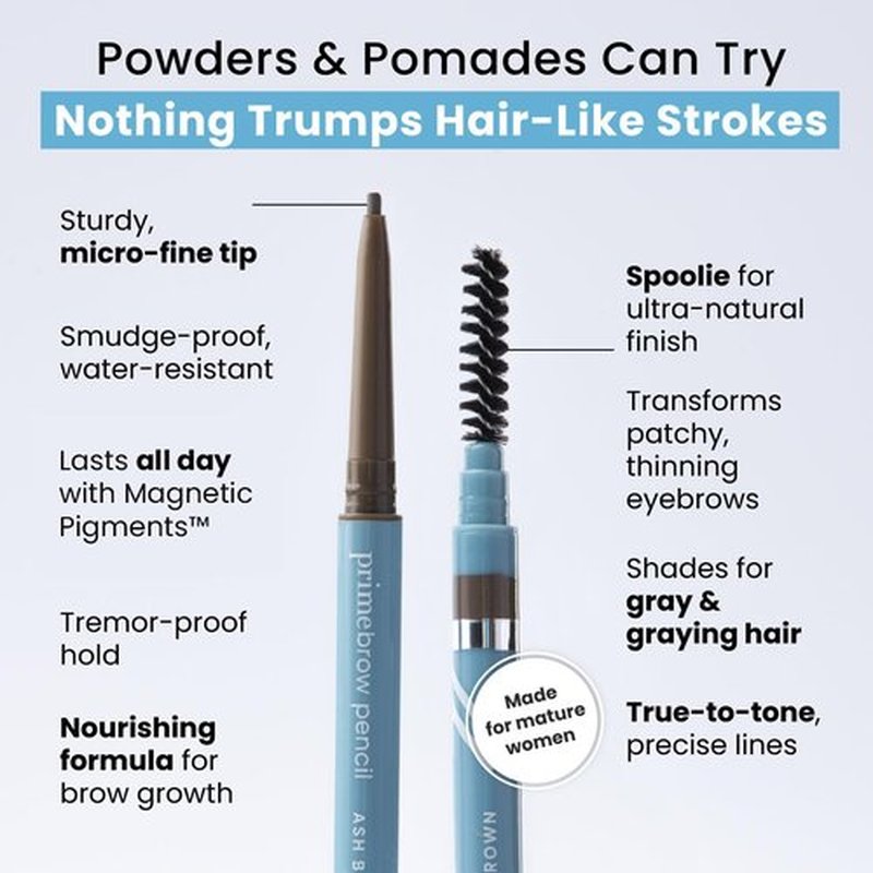 Prime Prometics PrimeBrow Pencil for Mature Women – Ultra-Precise Tip for Natural, Hair-Like Strokes – Smudge-Proof & Long-Lasting Wear – Great for Thinning, Sparse, or Graying Brows (Ash Brown)
