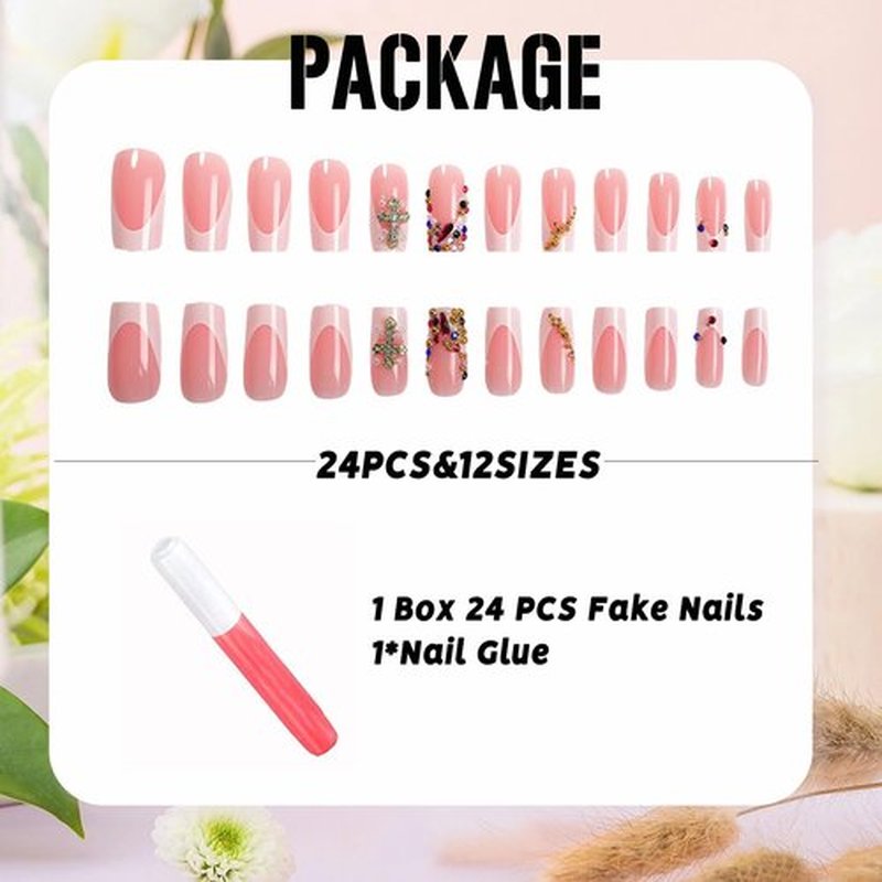IMSOHOT French Tip Press on Nails - Long Square, Cross Charms, Colorful Rhinestone, Golden Beads Design, White Nude, Luxury, Acrylic Glossy Fake Nails Full Cover Glue on False Nails 24Pcs