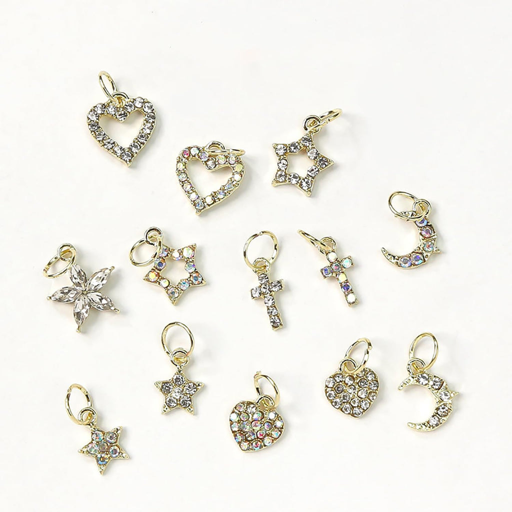 Wokoto 26pcs Mix Design Dangle Nail Charms - 3D Jewelry Flat Back Heart Star Cross Moon Nail Art Charms Rhinestones