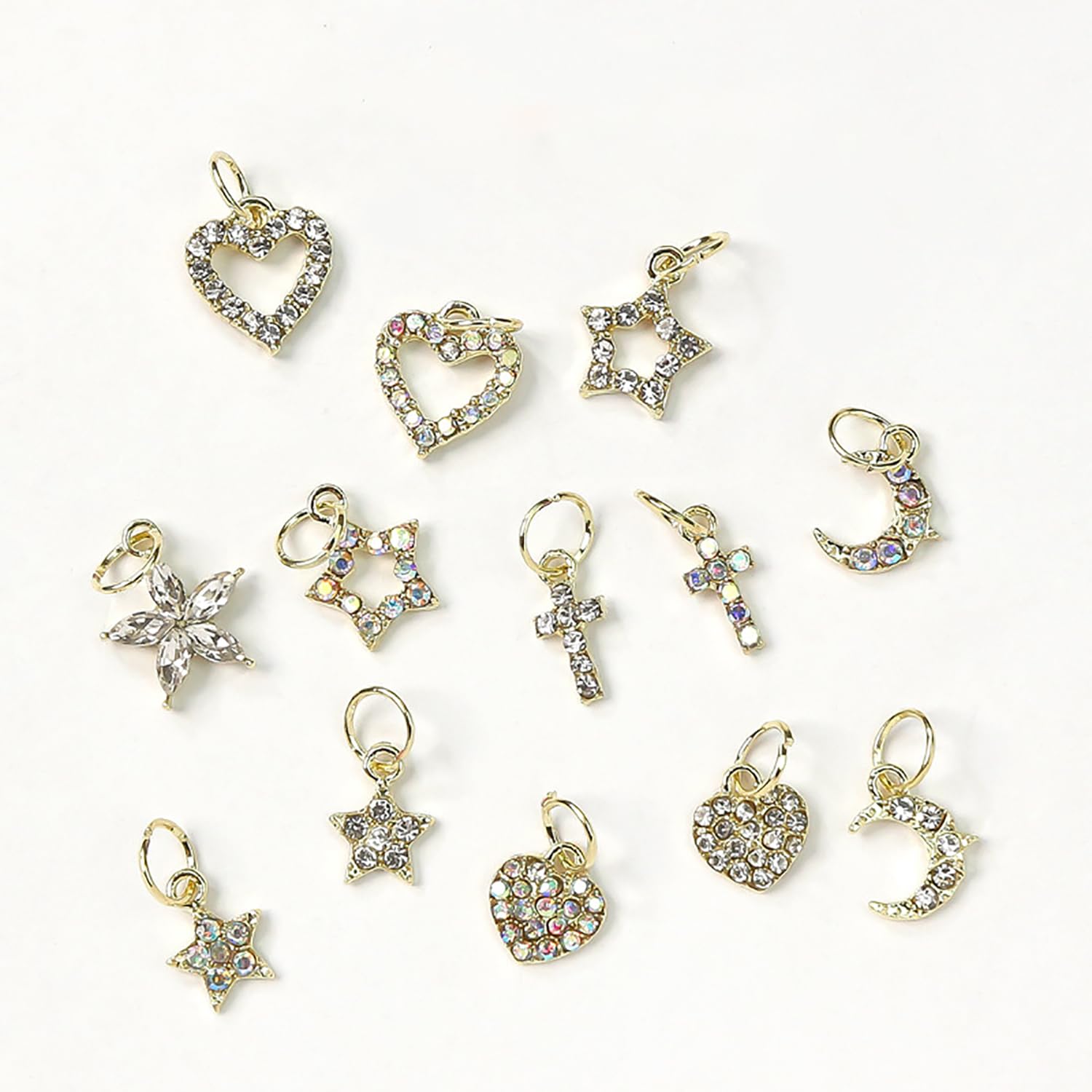 Wokoto 26pcs Mix Design Dangle Nail Charms - 3D Jewelry Flat Back Heart Star Cross Moon Nail Art Charms Rhinestones