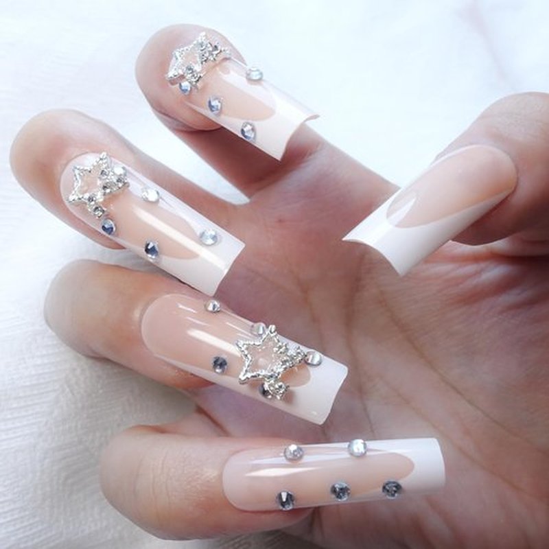 KIRAKIRA Pink Coffin Press On Nails with Chocolate Decorative Design and Flash Diamond Long Fake Nails Full Cover Stick On Nails for Women and Girls 24Pcs (baby pink, medium)