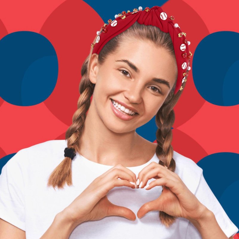 YARIEW Baseball Top Knot Headband for Women & Girls - Wide Knotted Jeweled Accessory for Game Day, Sports Fan, Mom, Halloween & Christmas Gifts (Red)